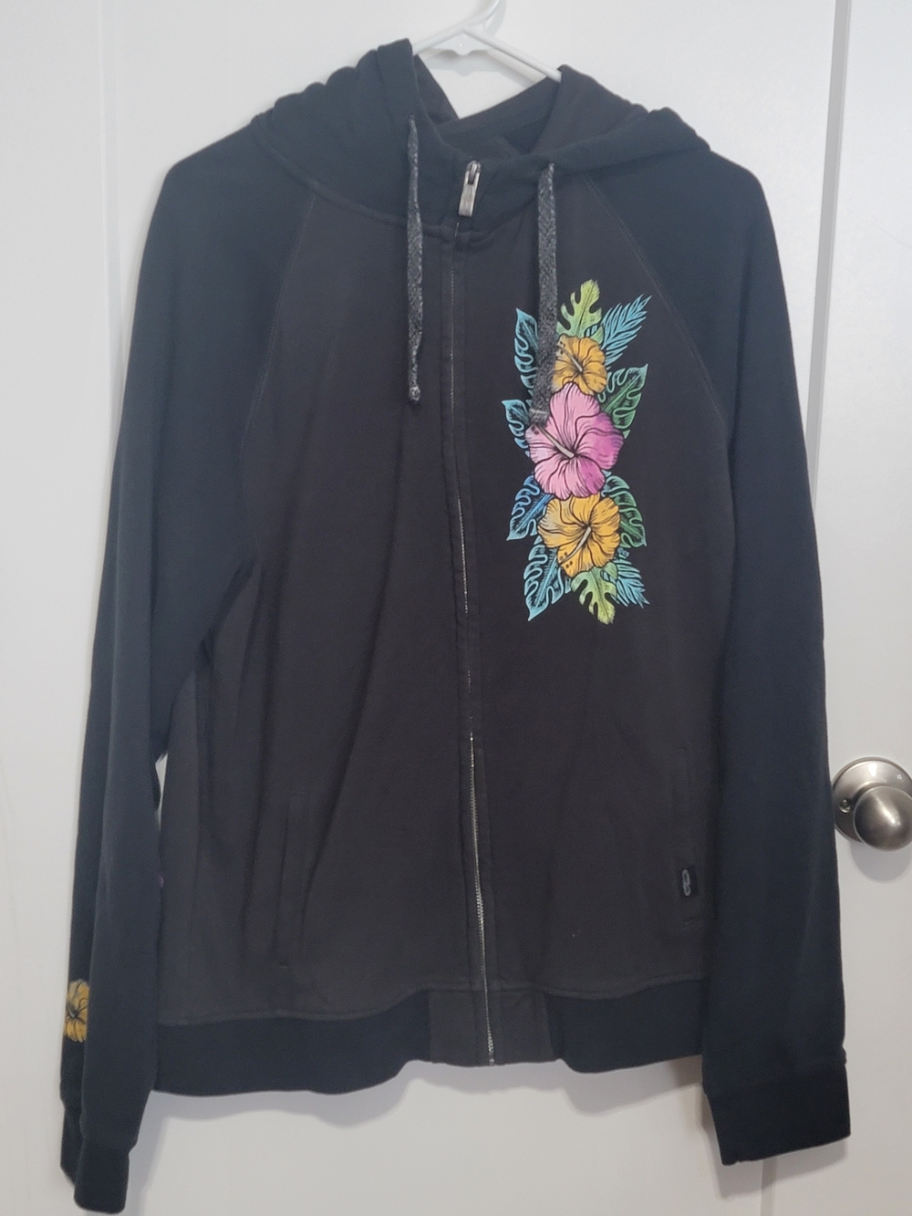 (Size XL) Crazy Shirts Hawaii Original Zip Up Hoodie Black XL Hibiscus Surf Y2K